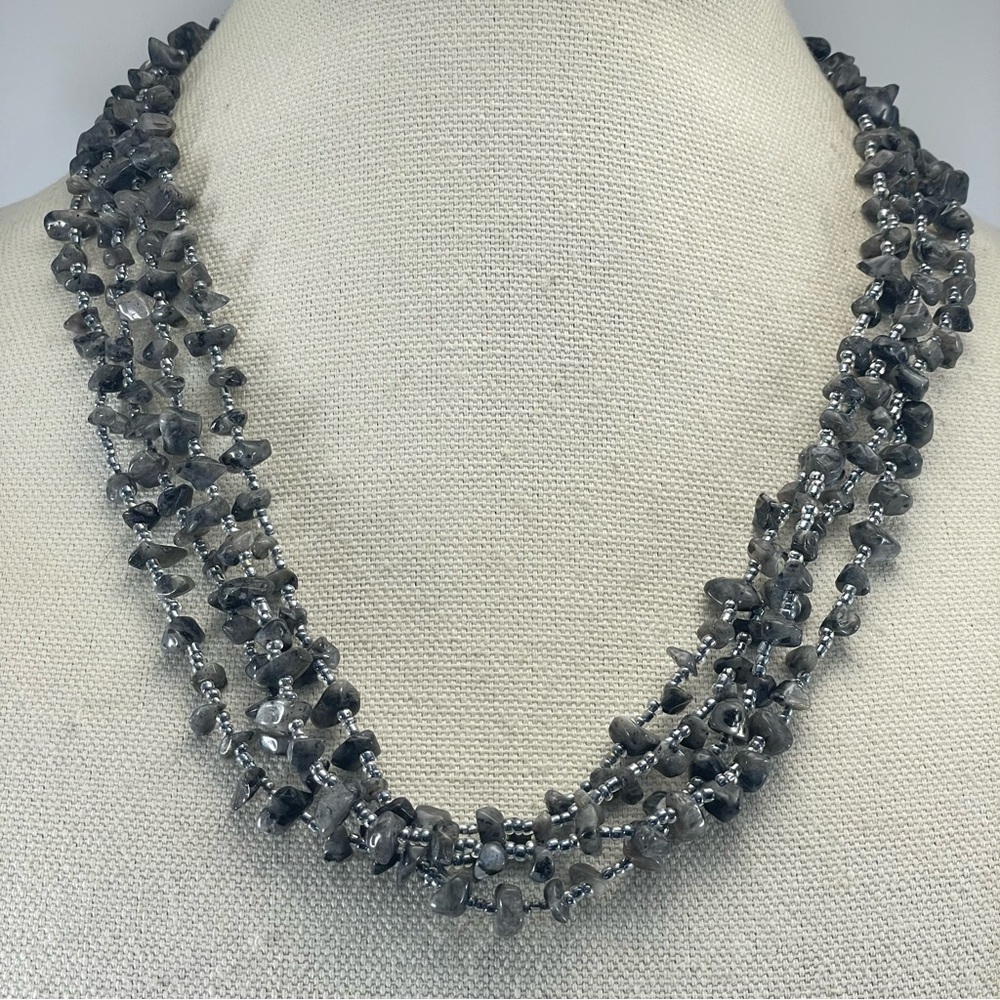 Tourmaline Quartz Chip Beaded Seed Bead Multi Layer Statement Necklace Gemstone